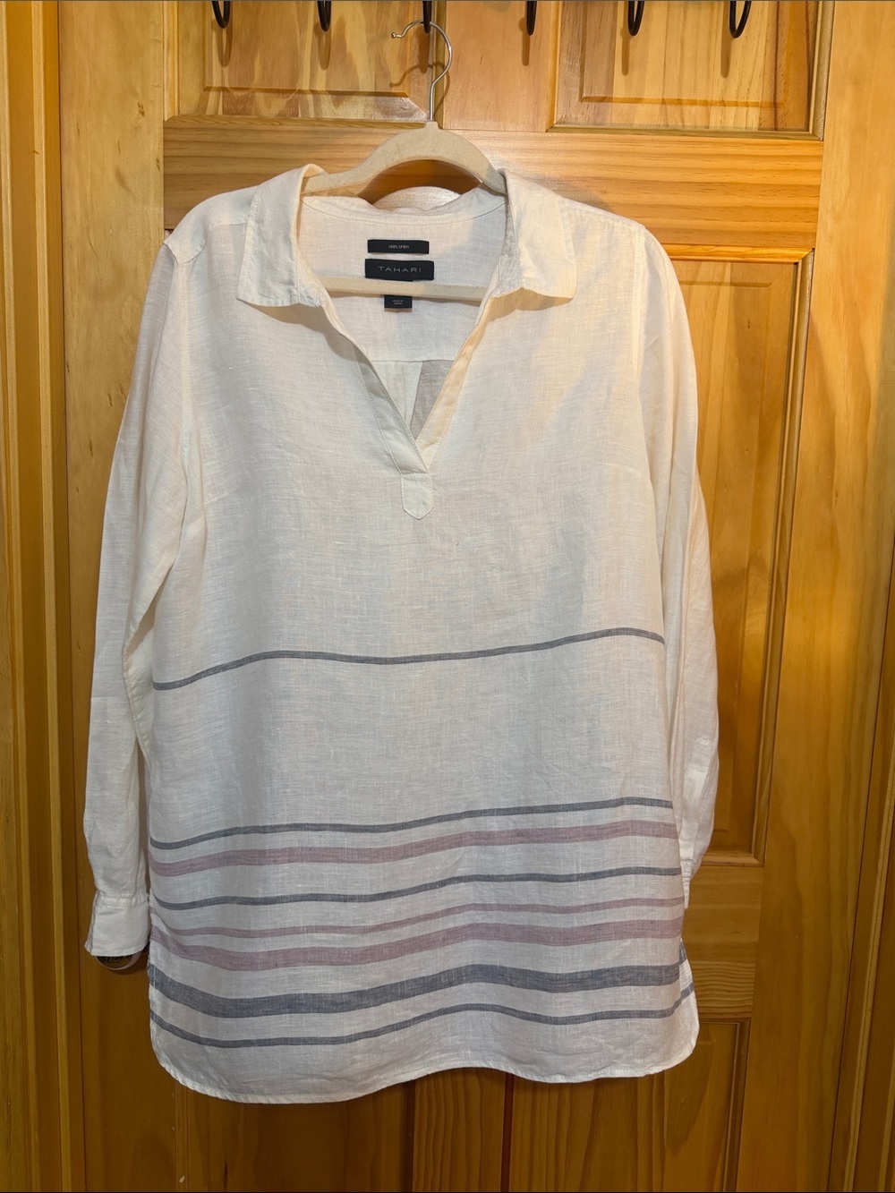 Tahari Cream Tunic with Gray and Dusty Pink Stripes, Size Medium.